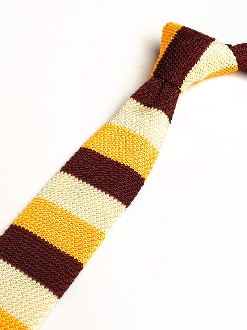 Elfeves Men's Yellow Brown Jacquard Silk Ties Vintage Knit Skinny Designed Designer Necktie For Wedding Business - Image 2